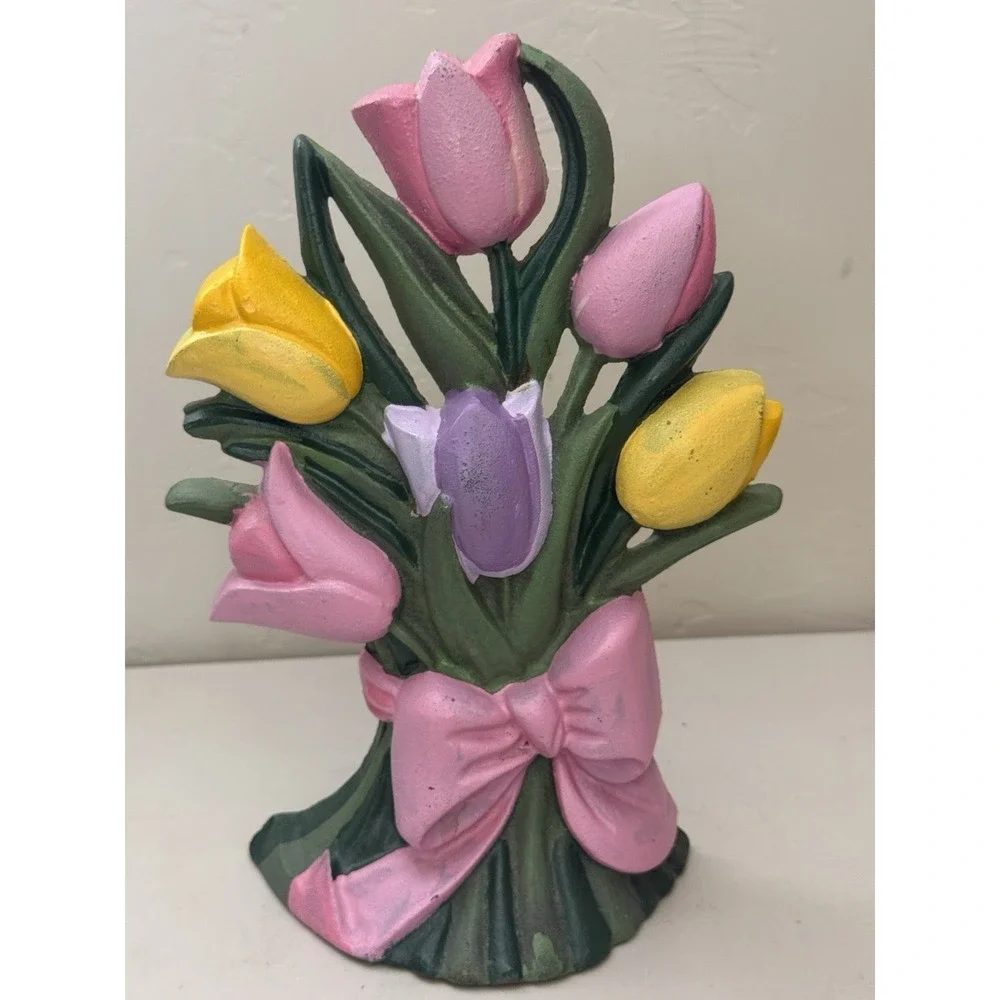 Vintage Cast Iron Door Stop Bouquet of Tulip Flowers 10